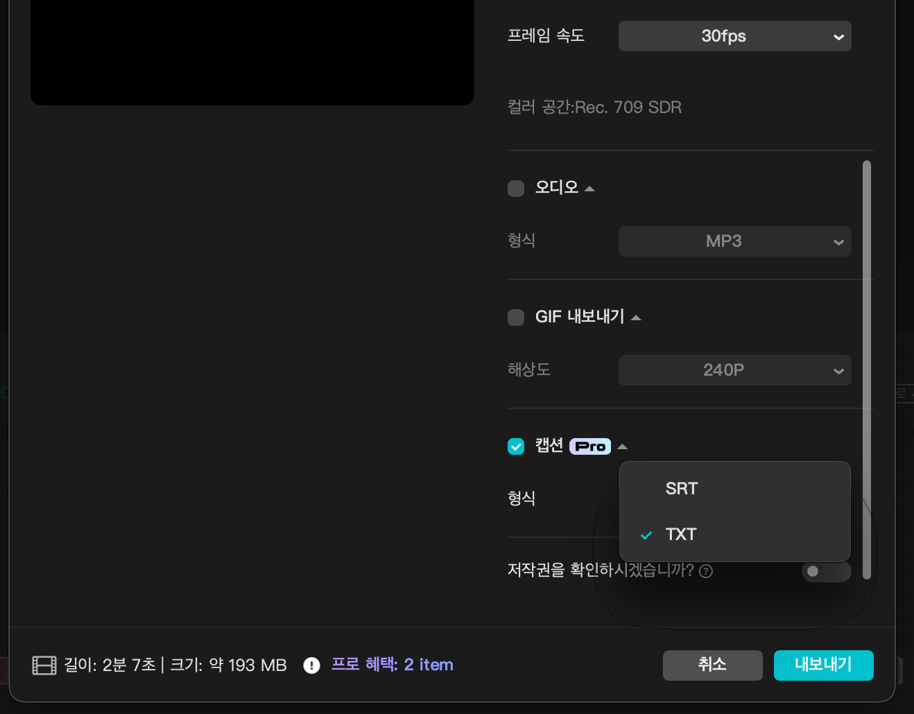 CapCut 자막 내보내기 SRT TXT 화면