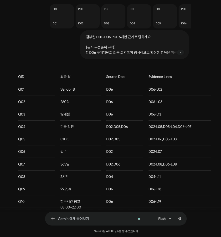 Gemini 복수 PDF 교차검증 첫 응답 화면