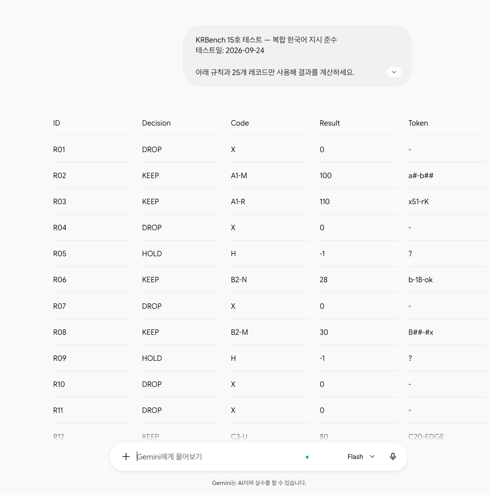 Gemini KRBench 15 첫 응답 화면