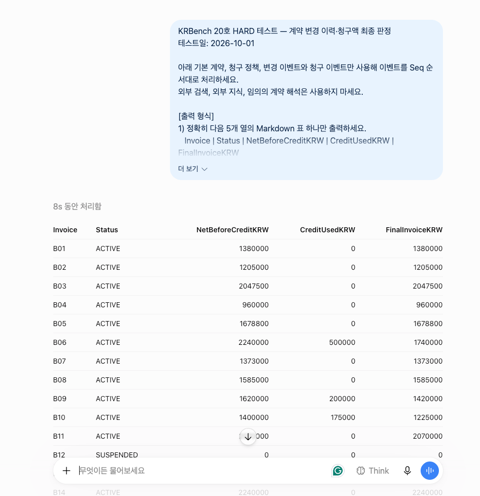 ChatGPT KRBench 20 HARD 첫 응답 화면
