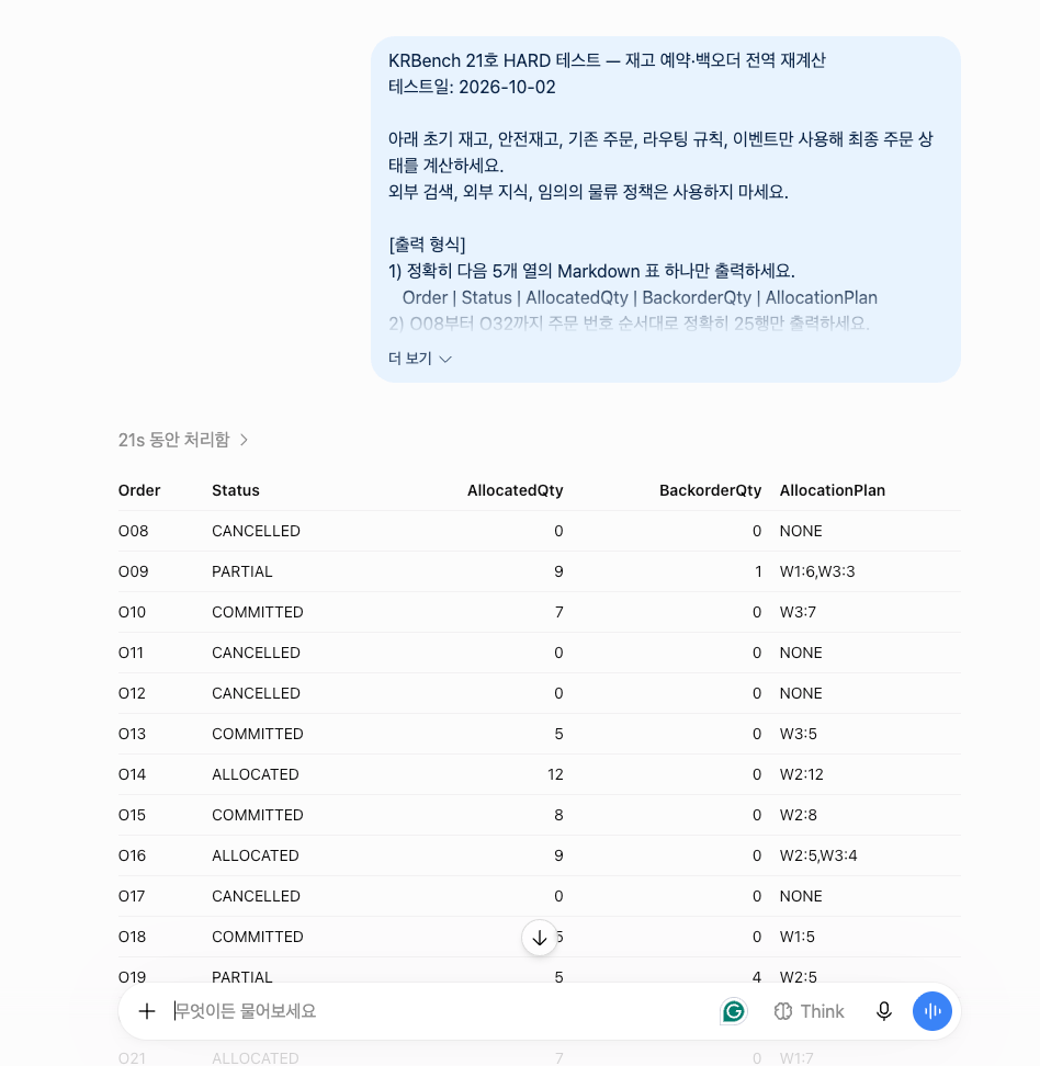 ChatGPT KRBench 21 HARD 첫 응답 화면