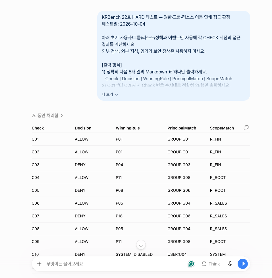 ChatGPT KRBench 22 HARD 첫 응답 화면