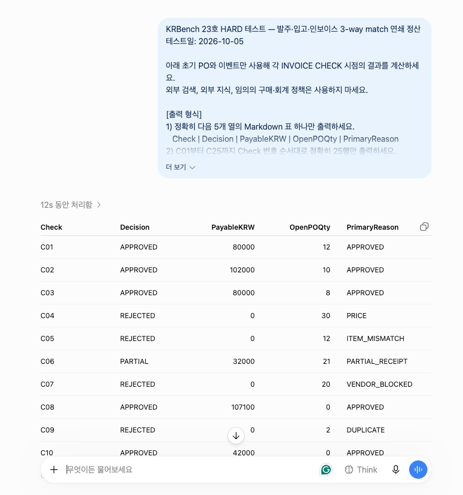 ChatGPT KRBench 23 HARD 첫 응답 화면
