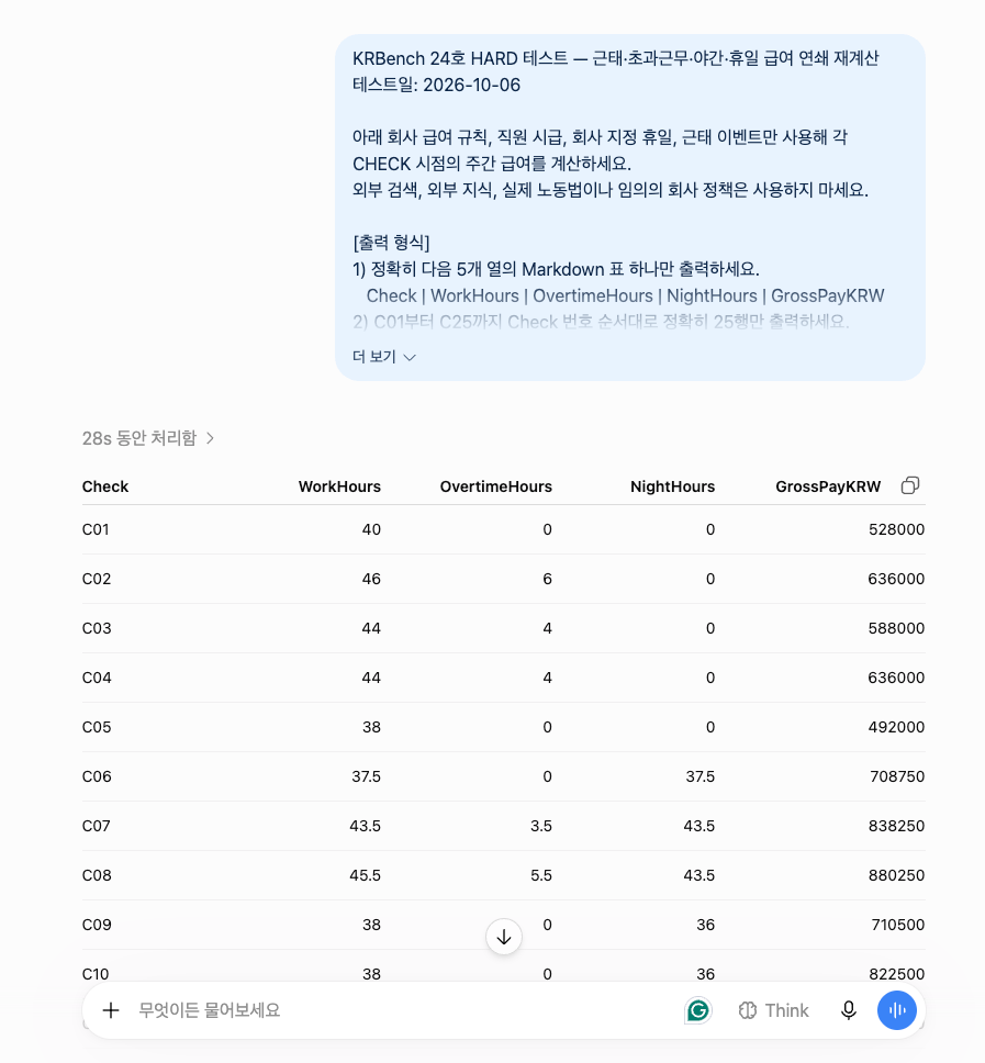 ChatGPT KRBench 24 HARD 첫 응답 화면